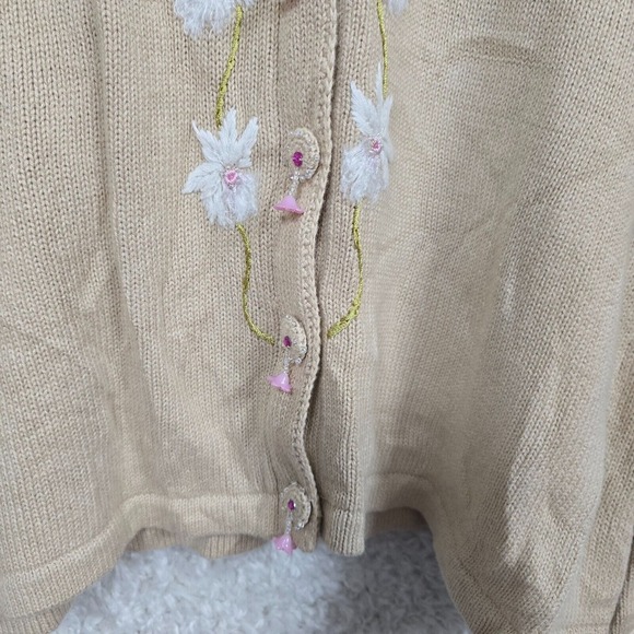Storybook Knits Sweater Medium Tan Cardigan Floral Cottage Granny Orchid Evening - Picture 5 of 13
